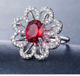 Red silver  oval flower ring