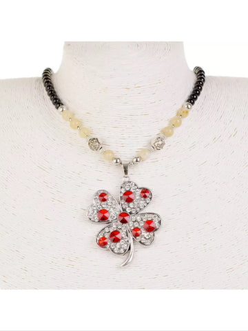 Four leaf clover red rhinestone beaded necklace