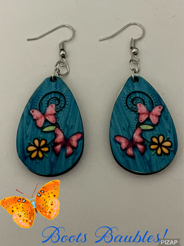 Teal blue butterfly and flower earrings