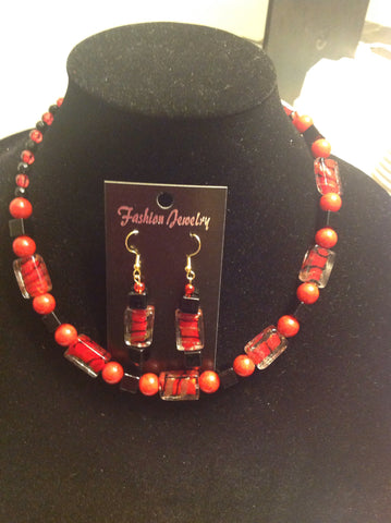 Red, black,gold glass beaded necklace with earrings